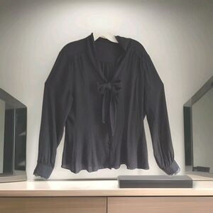 Vintage Black Bow Tie Blouse Long Sleeve Lace Trim No Size Tag Fits Medium Chiff